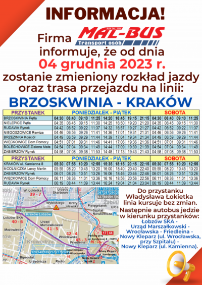 Zmiany na linii: BRZOSKWINIA - KRAKÓW